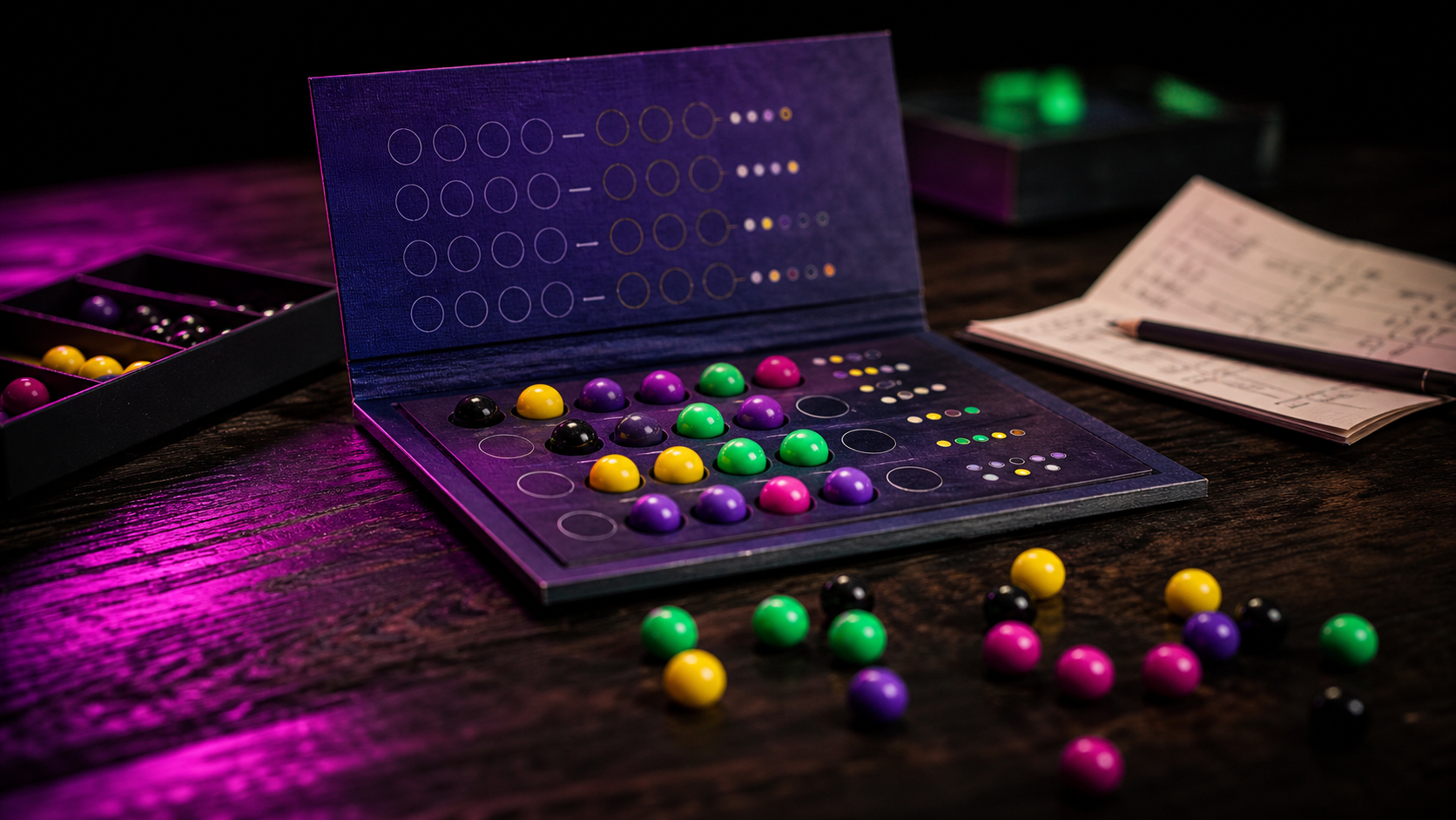 Mastermind : plateau de déduction et pions de jeu sur table en bois