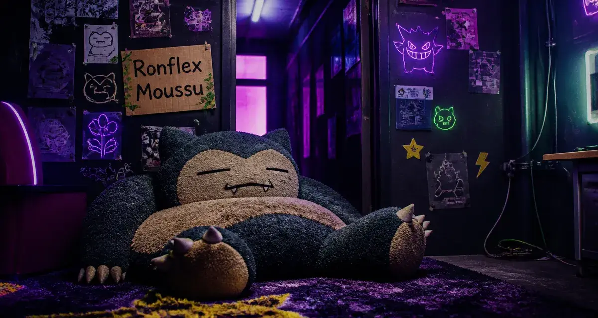 Ronflex Moussu massif endormi, salle de jeu, néons violet et magenta