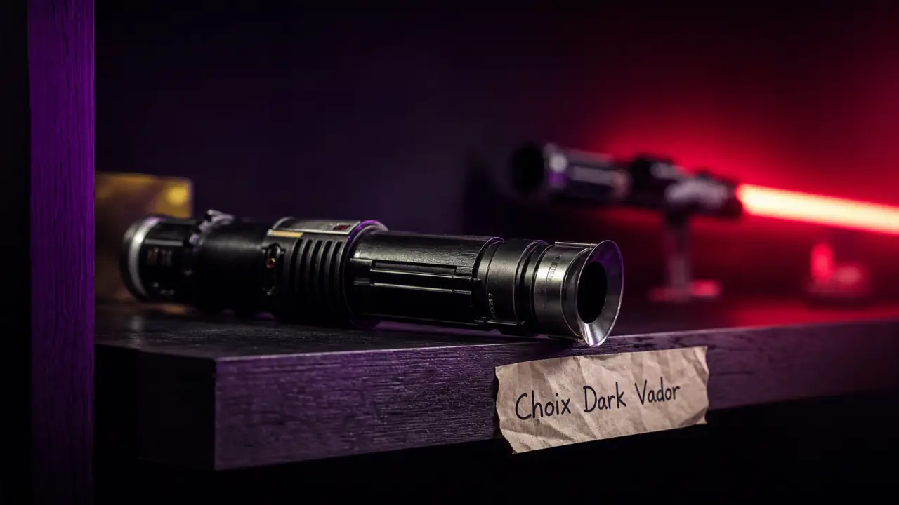 sabre laser dark vador en studio sombre, lame rouge halo néon
