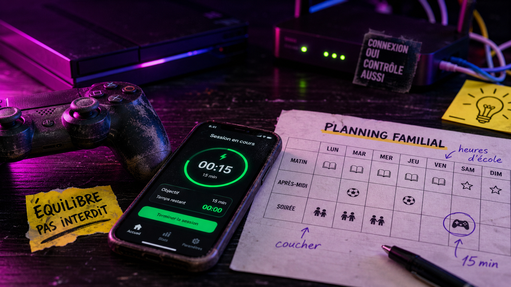 Temps de jeu avec minuteur et limites familiales sans conflit