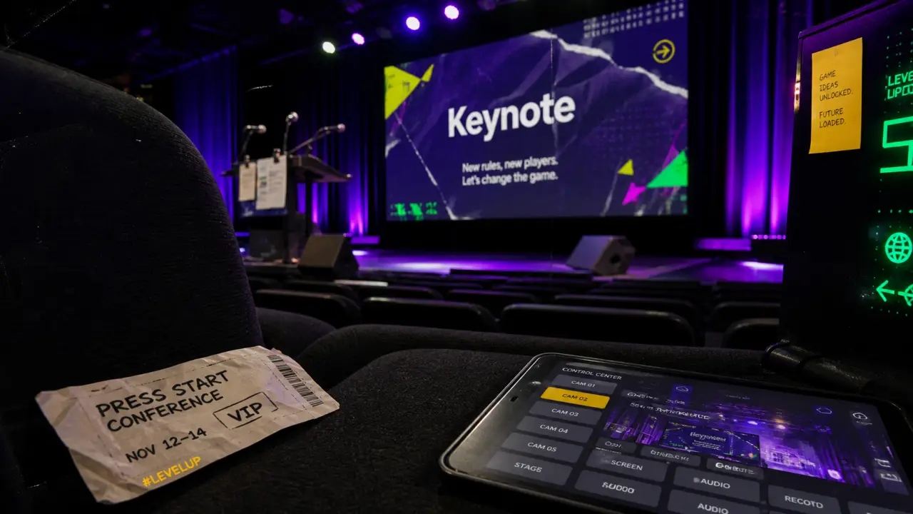 Conférence jeux vidéo 2026 en salle, keynote projeté sur écran