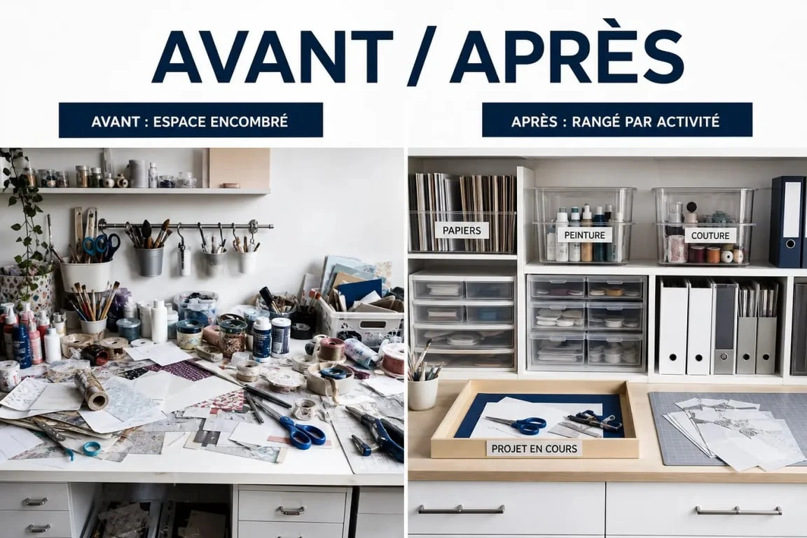 Rangement loisirs créatifs avec avant/après d’un coin créatif mieux organisé