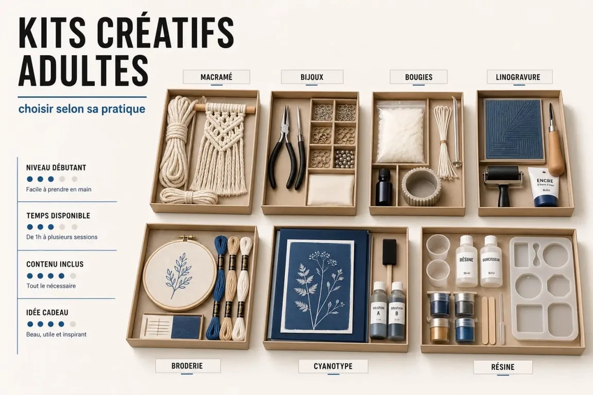 Kits loisirs créatifs adultes présentés sur une table d’atelier avec plusieurs techniques et critères de choix