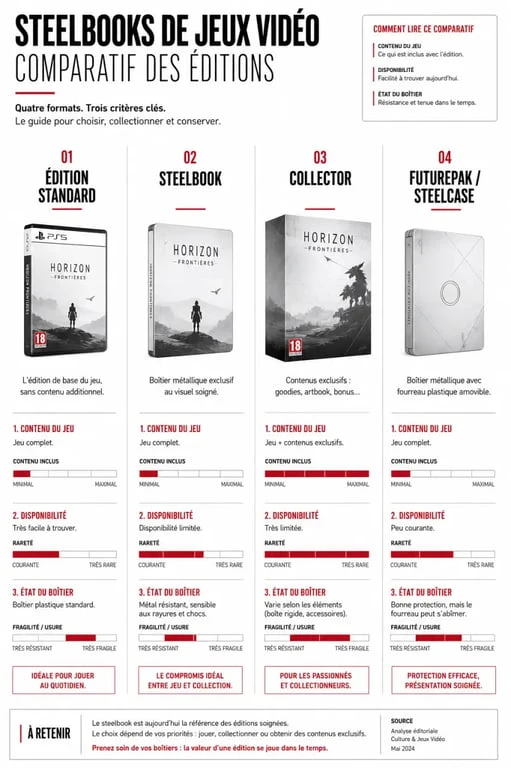 Comparatif steelbook jeux vidéo entre édition standard, collector, FuturePak et Steelcase