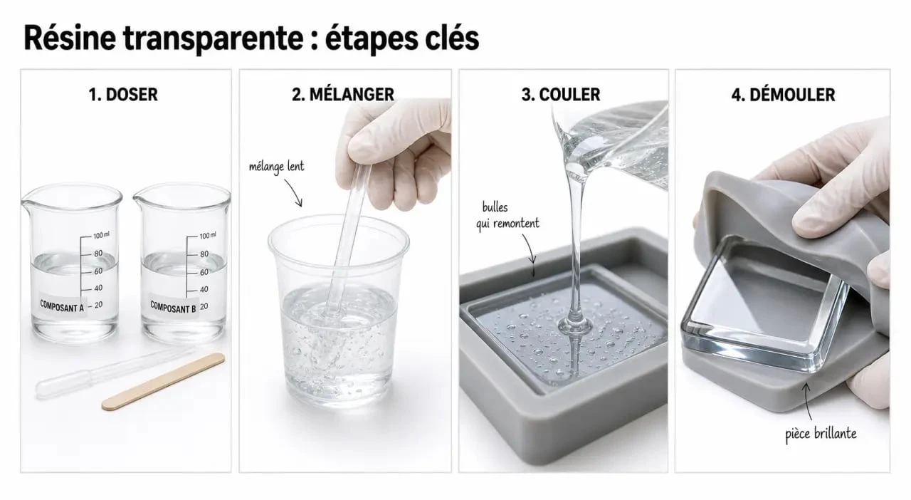 résine transparente loisirs créatifs : mélange, coulée dans un moule en silicone et démoulage d’une pièce brillante
