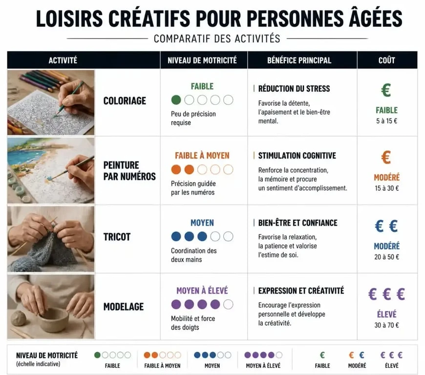 Infographie comparative des loisirs créatifs pour personnes âgées : motricité, bénéfices et coûts