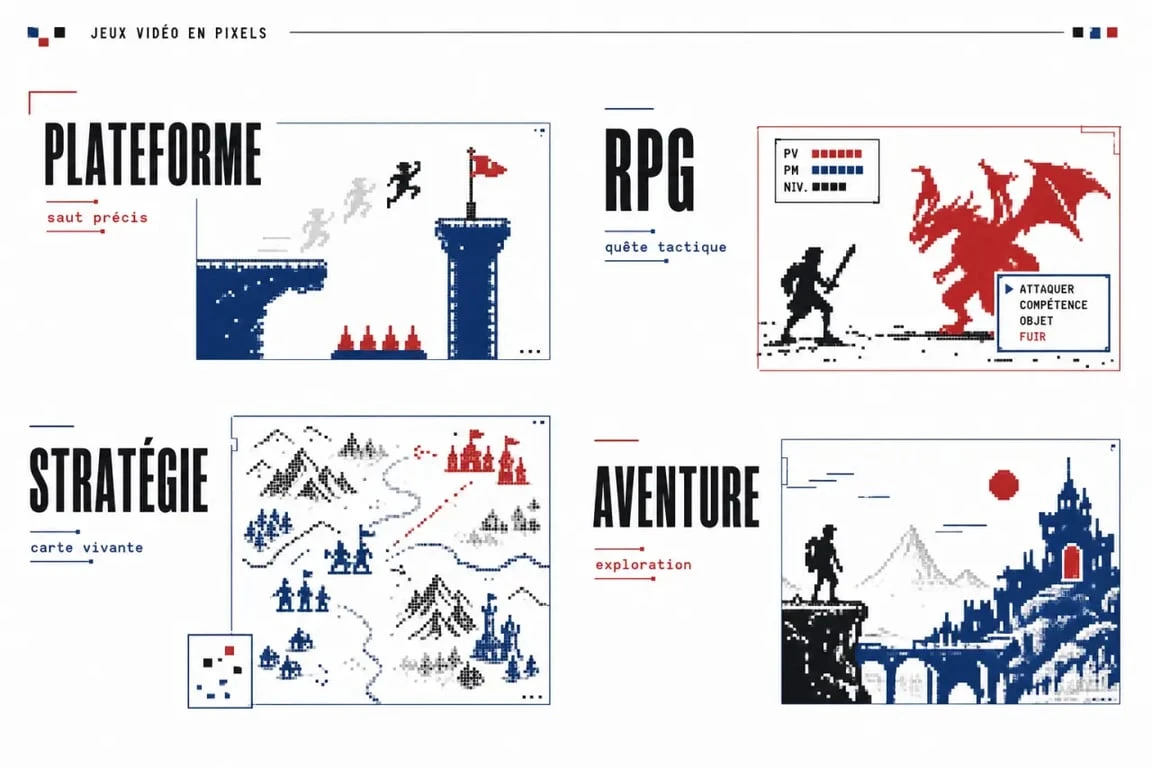 Pixel art jeux vidéo : montage de scènes variées en pixels illustrant plusieurs genres
