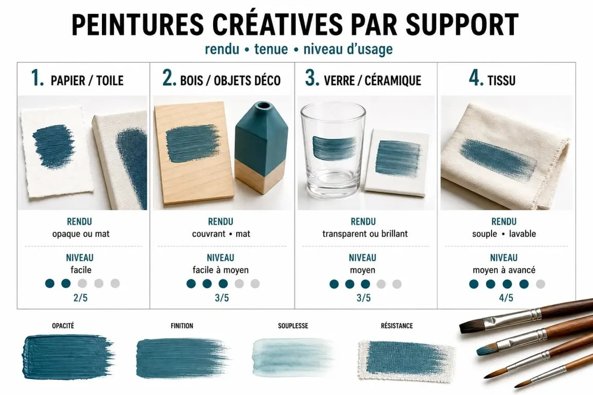 Peinture pour loisirs créatifs : comparatif visuel des peintures selon support, rendu et niveau