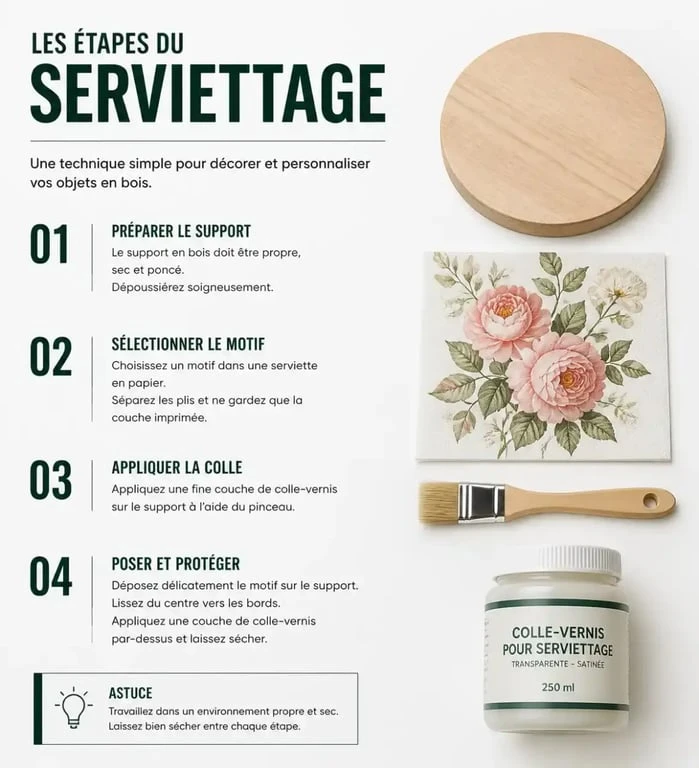 Matériel nécessaire pour le serviettage et les loisirs créatifs avec serviettes en papier