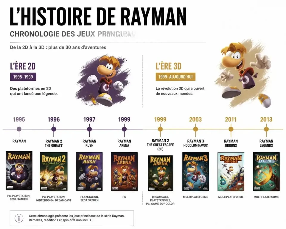 Frise chronologique des jeux vidéo Rayman emblématiques
