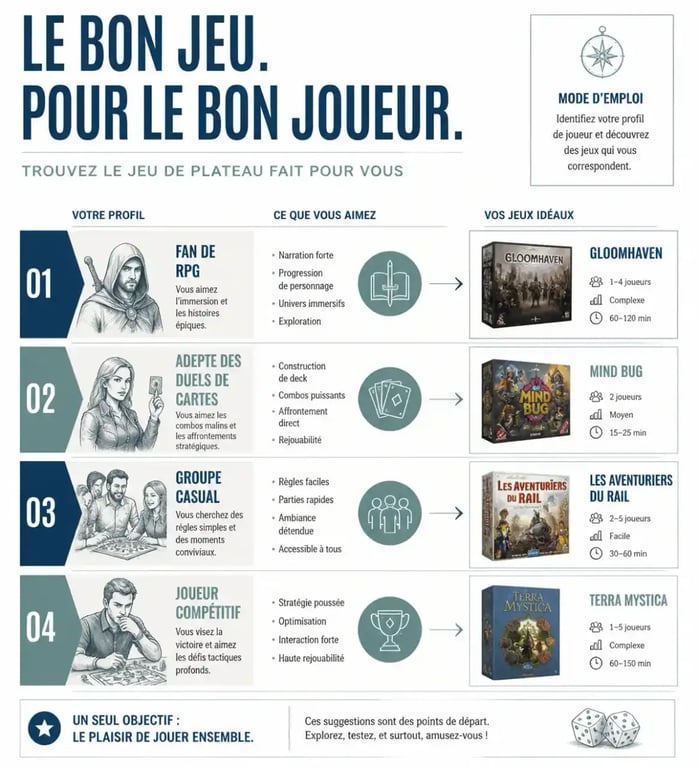 Infographie comparative des meilleurs jeux de société pour les fans de pop culture et de jeux vidéo selon le profil de joueur
