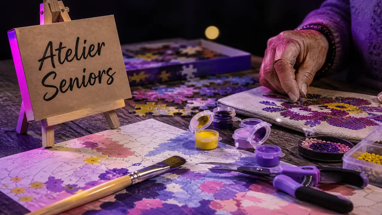 Loisirs créatifs pour personnes agées : peinture par numéros et perles en atelier senior