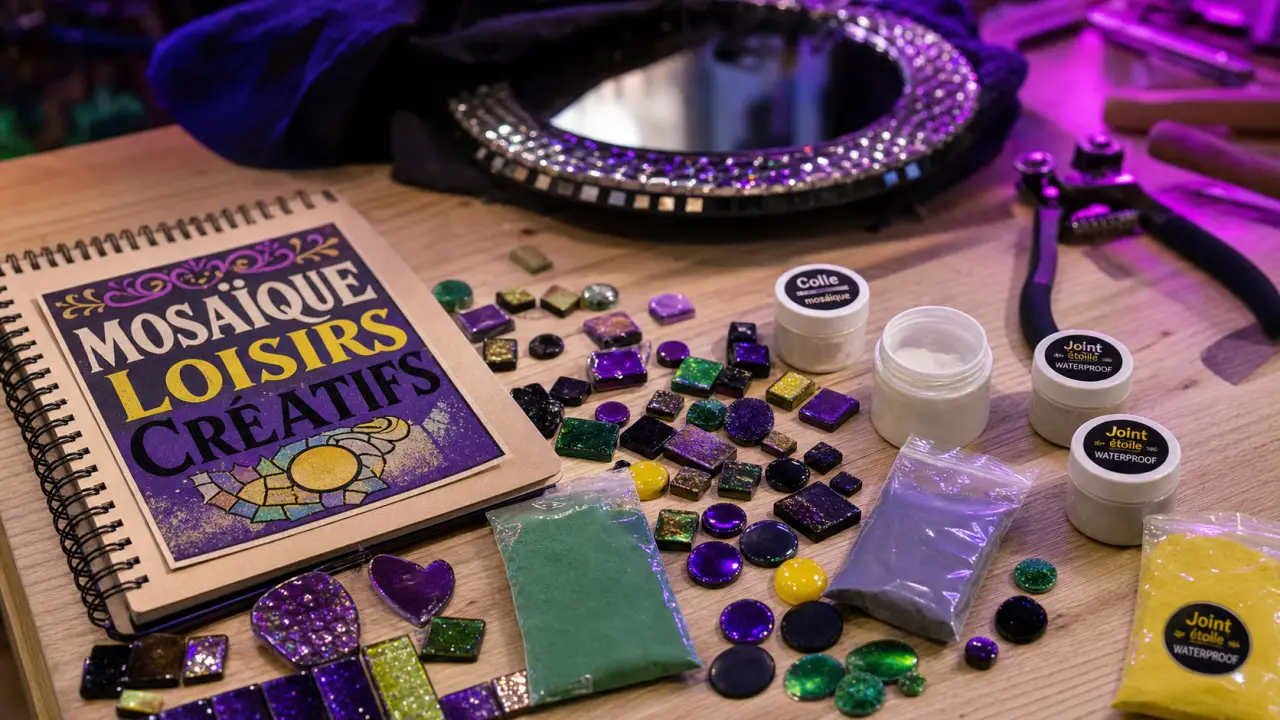 Mosaique loisirs créatifs en vrac sur table, plaques prêtes et colle en atelier