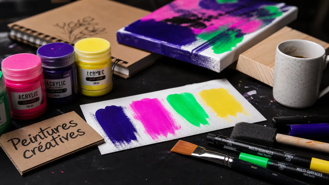 Peinture pour loisirs créatifs sur table d’atelier : acrylique, gouache, pinceaux et supports