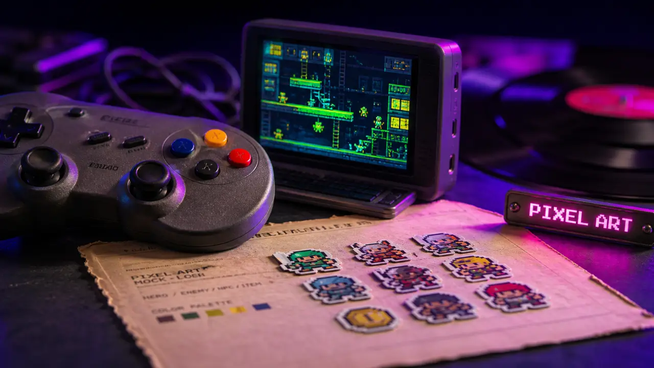Pixel art jeux vidéo HD-2D : mini console, palette néon et manette