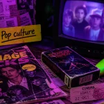 Pop of culture : magazines et VHS rétro sur table, écran CRT.
