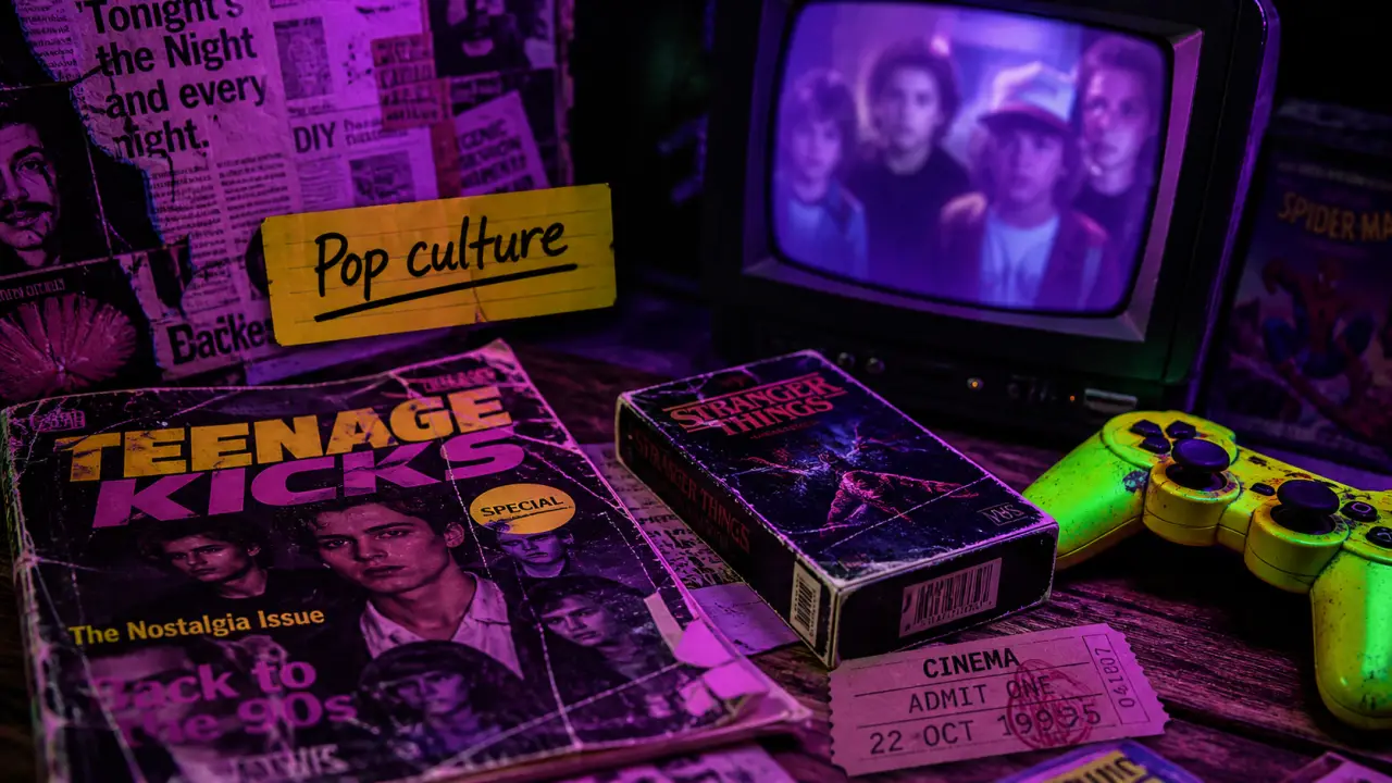 Pop of culture : magazines et VHS rétro sur table, écran CRT.