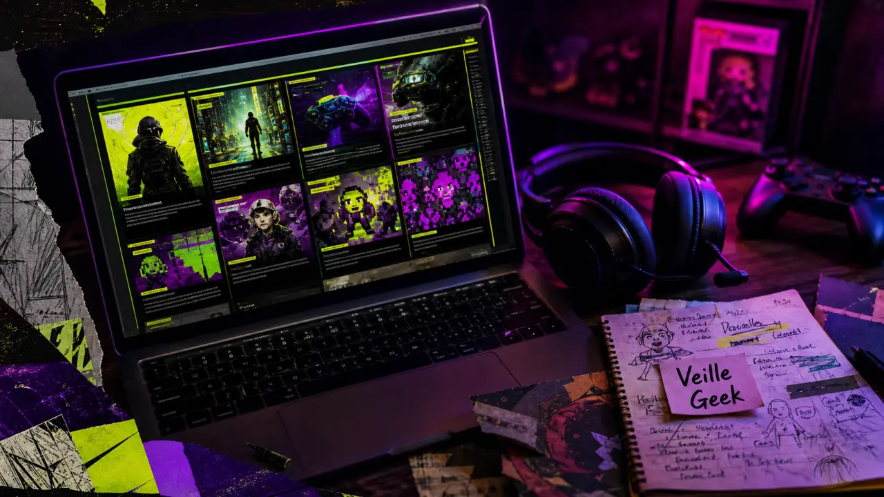 Webzine pop culture geek tendance sur bureau gaming, violet magenta et reflets écran