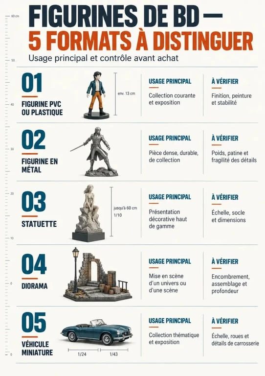 Infographie des figurines bandes dessinées selon le format, le matériau et l’échelle