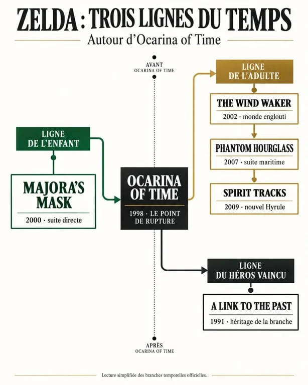 Infographie de la chronologie des jeux vidéo Zelda et de ses trois branches temporelles