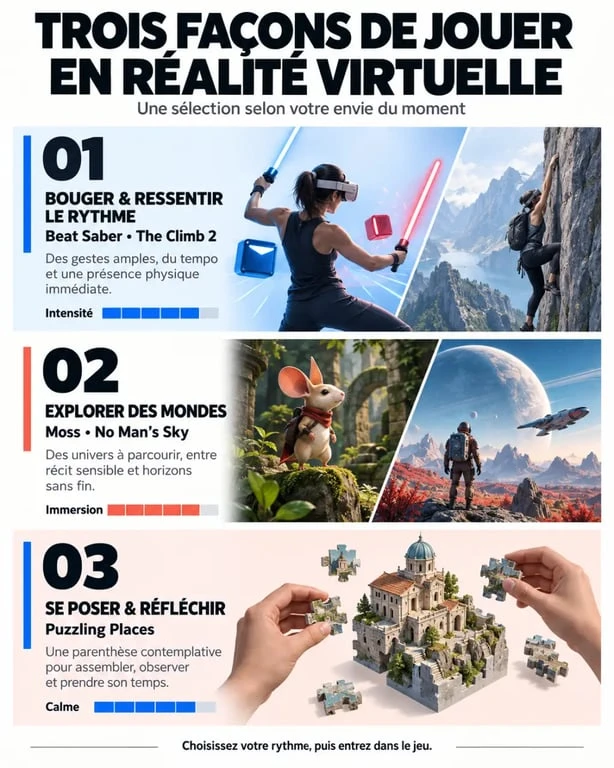 Infographie des jeux en réalité virtuelle classés par rythme et type d’expérience