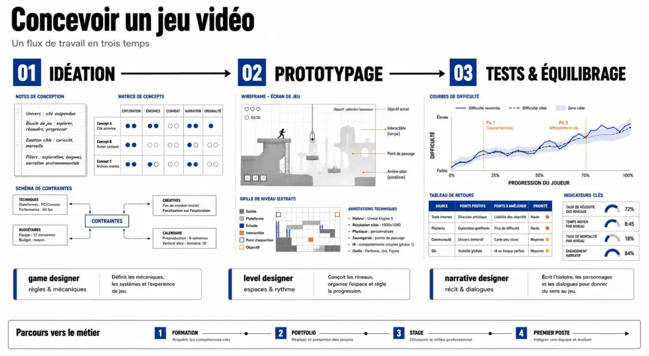 Conception de jeux vidéo : schéma éditorial des rôles, des étapes et du parcours de game design