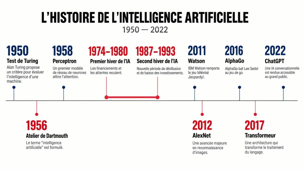 Frise chronologique de l’histoire de l’intelligence artificielle avec ses grandes étapes