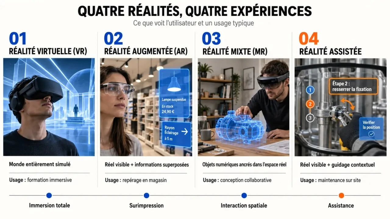 Infographie comparative sur les lunettes de réalité virtuelle, la réalité augmentée, la réalité mixte et la réalité assistée