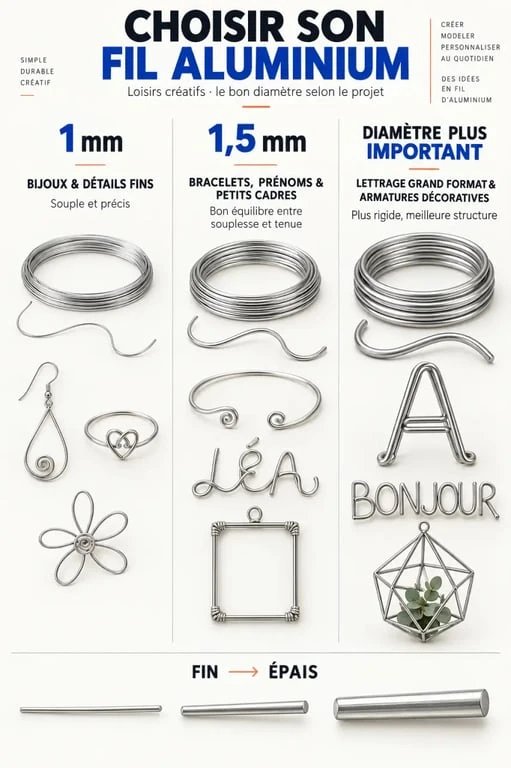 Infographie sur le fil aluminium loisirs créatifs et le choix du diamètre selon les usages