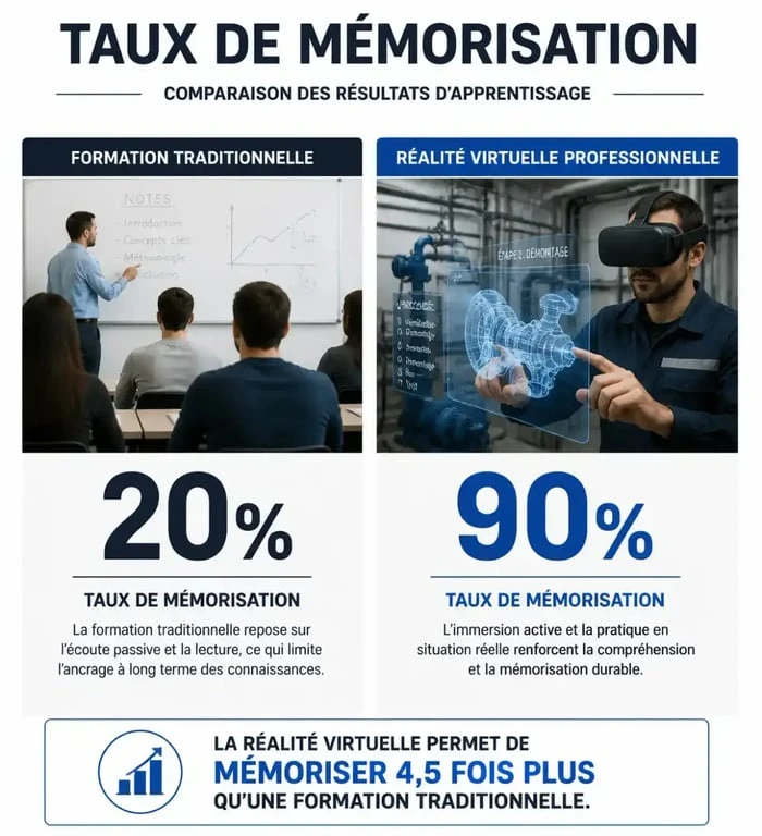 Infographie comparant le taux de mémorisation entre formation traditionnelle et réalité virtuelle professionnelle