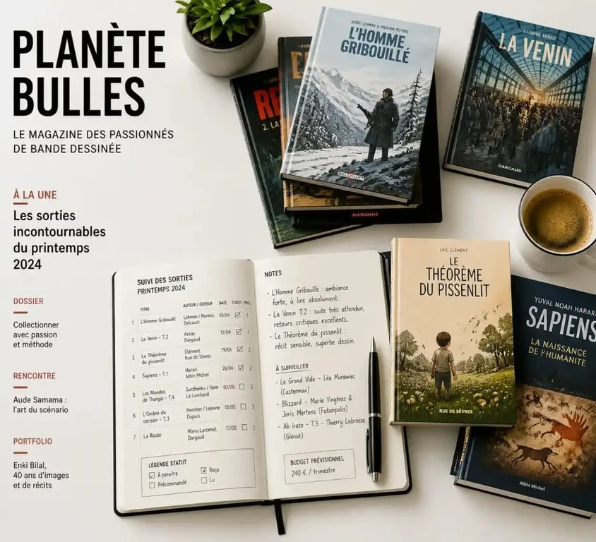 Collectionneur organisant ses bandes dessinées à paraître sur son bureau