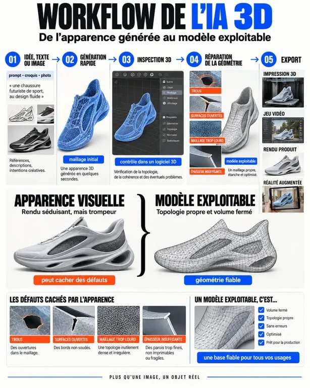 Infographie sur le workflow de l’intelligence artificielle 3D, de la génération du maillage à la validation du modèle