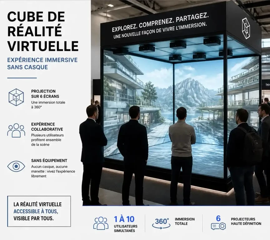 Cube de réalité virtuelle sans casque sur un stand de salon professionnel