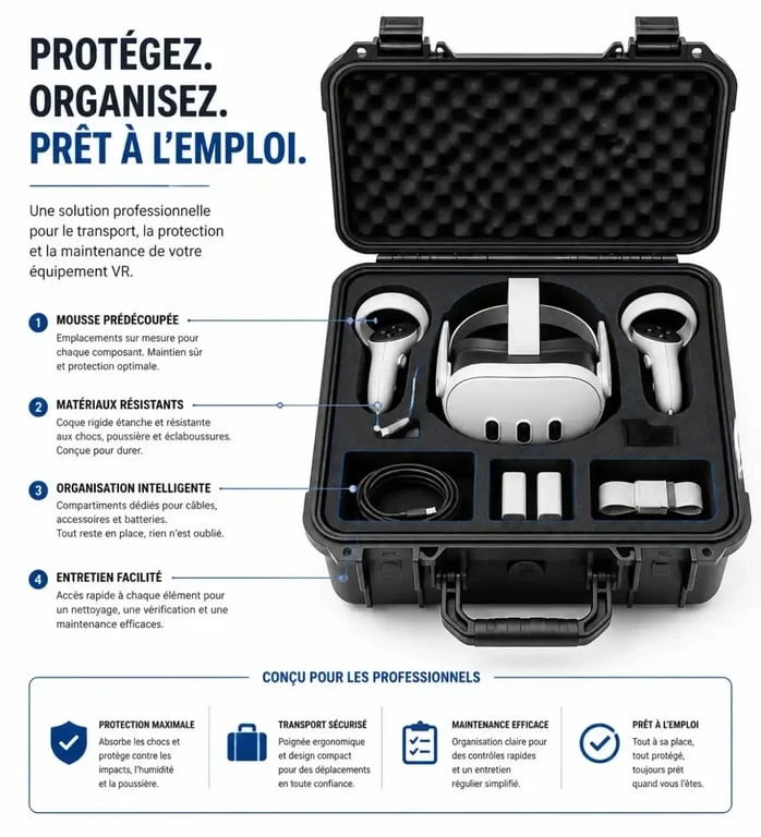 Matériel de location de casque de réalité virtuelle dans sa valise de transport sécurisée