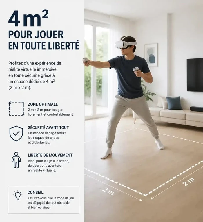 Personne utilisant un casque de réalité virtuelle dans un espace dédié pour une location de casque de réalité virtuelle