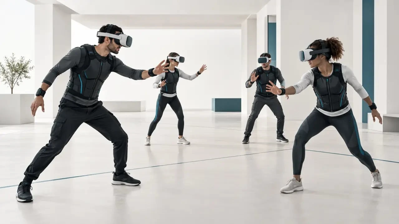 Salle de réalité virtuelle Nantes en déplacement libre avec un groupe de joueurs équipés