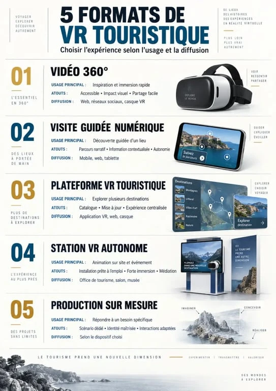 Infographie des solutions d’une agence de voyage réalité virtuelle : vidéo 360°, visite guidée, plateforme VR et station autonome