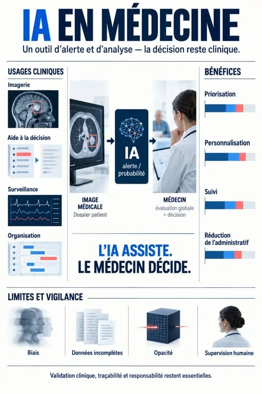 Infographie sur l’intelligence artificielle en médecine, ses usages, bénéfices et limites