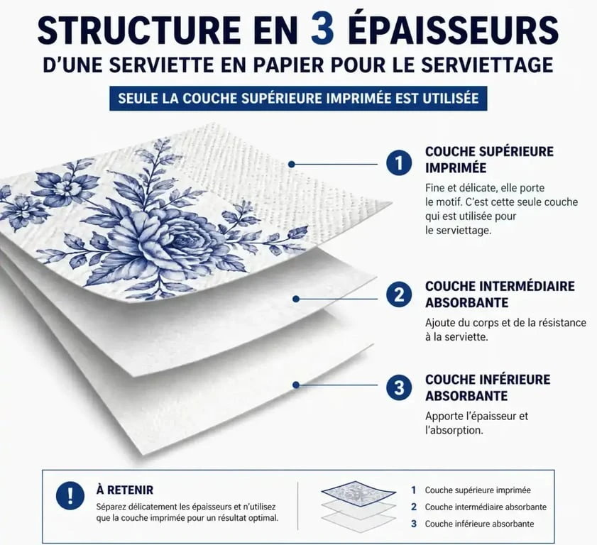 Schéma explicatif des couches d'une serviette en papier pour le serviettage et les loisirs créatifs