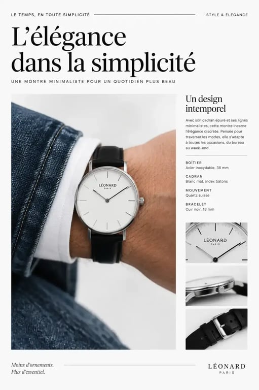 Montre tendance minimaliste avec bracelet en cuir noir portée avec une tenue décontractée