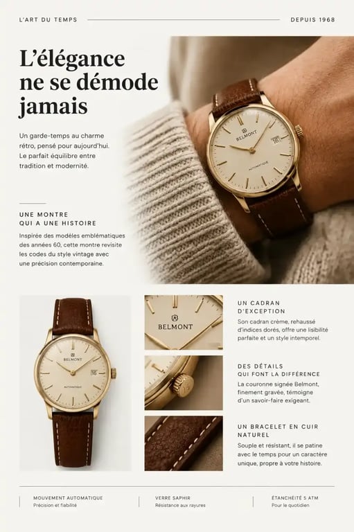 Montre tendance néo-vintage avec bracelet en cuir marron et pull en maille beige