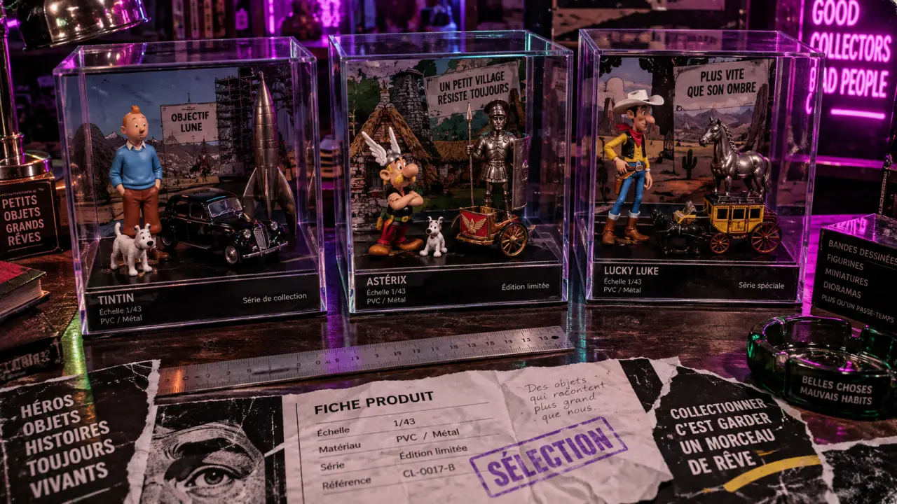 Figurines bandes dessinées en vitrine : modèles PVC et métal
