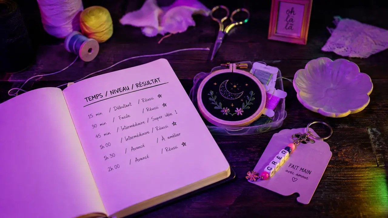 Idées loisirs créatifs : broderie, perles et argile autodurcissante sur table d’atelier