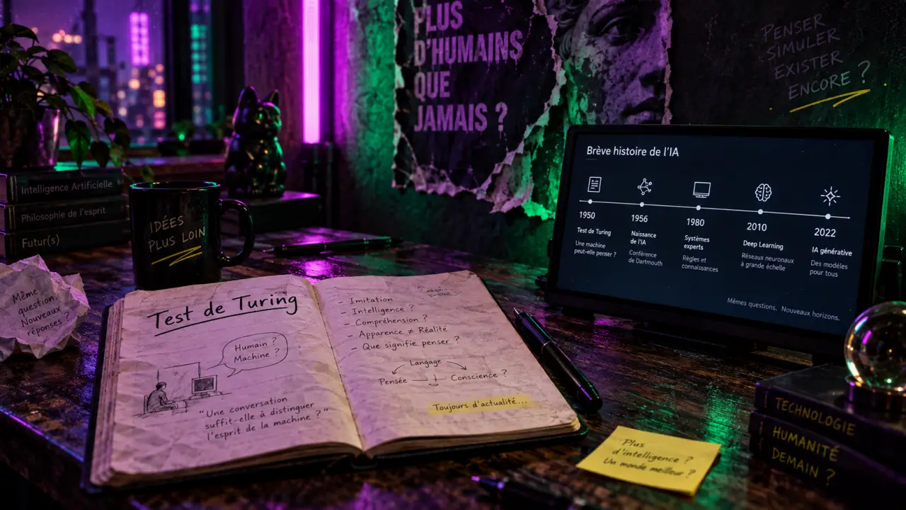 Intelligence artificielle histoire : carnet Test de Turing et frise IA 1950–2022