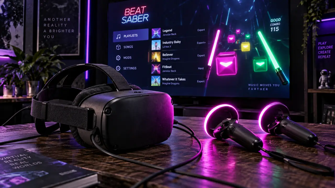 Casque VR pour jeux en réalité virtuelle, Beat Saber sur écran