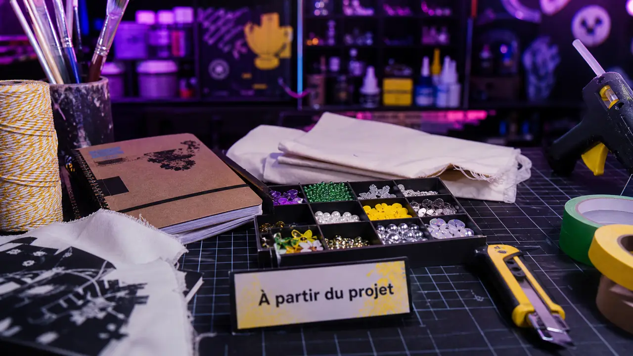 Loisirs créatifs fournitures sur un bureau créatif : outils et consommables