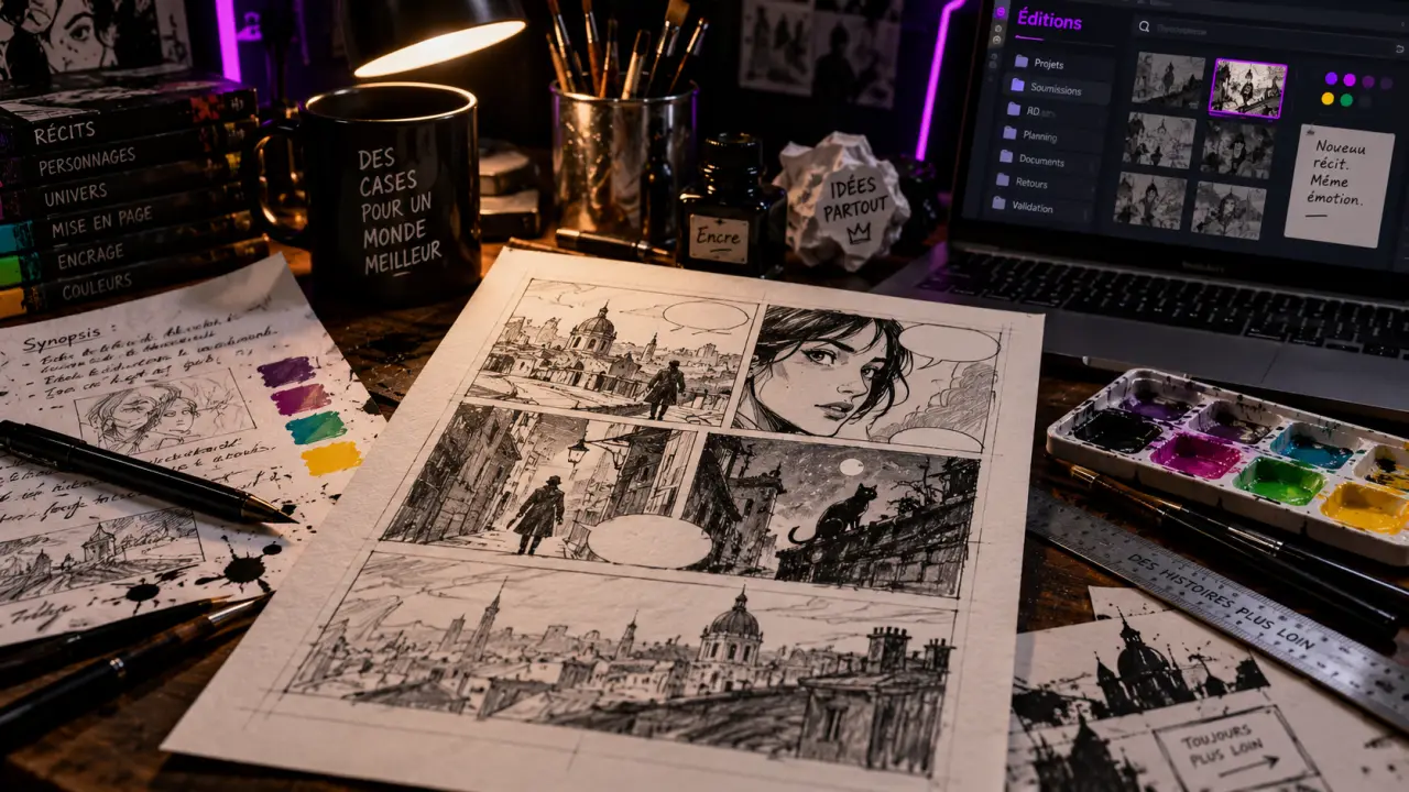 Auteur bandes dessinées : table de travail BD, planches et brouillons