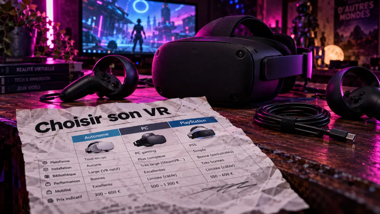 Casque réalité virtuelle sur table, comparer autonome PC PlayStation et confort