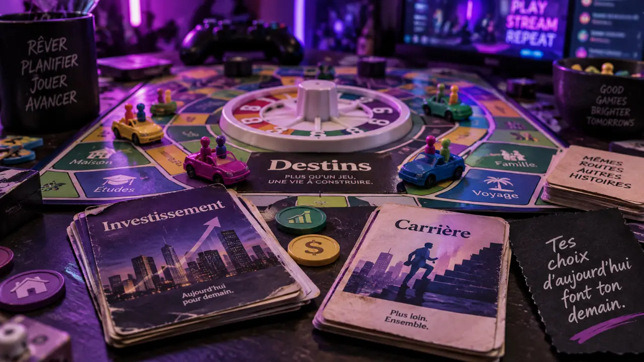 Roue Destins jeux de société décide carrière, cartes et pions