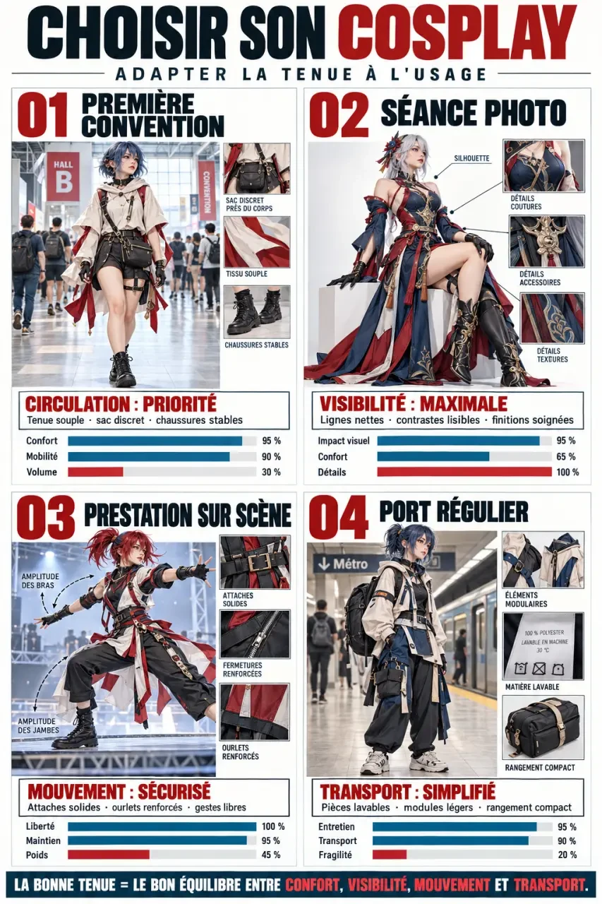 Infographie pour choisir un cosplay manga selon l’usage et le niveau de confort